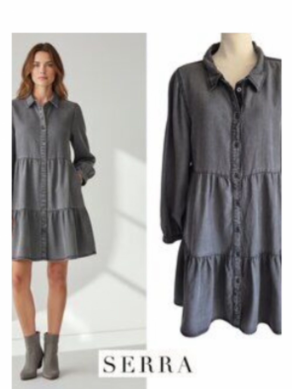 Serra Gray Button-Front Tiered Woman’s Dress